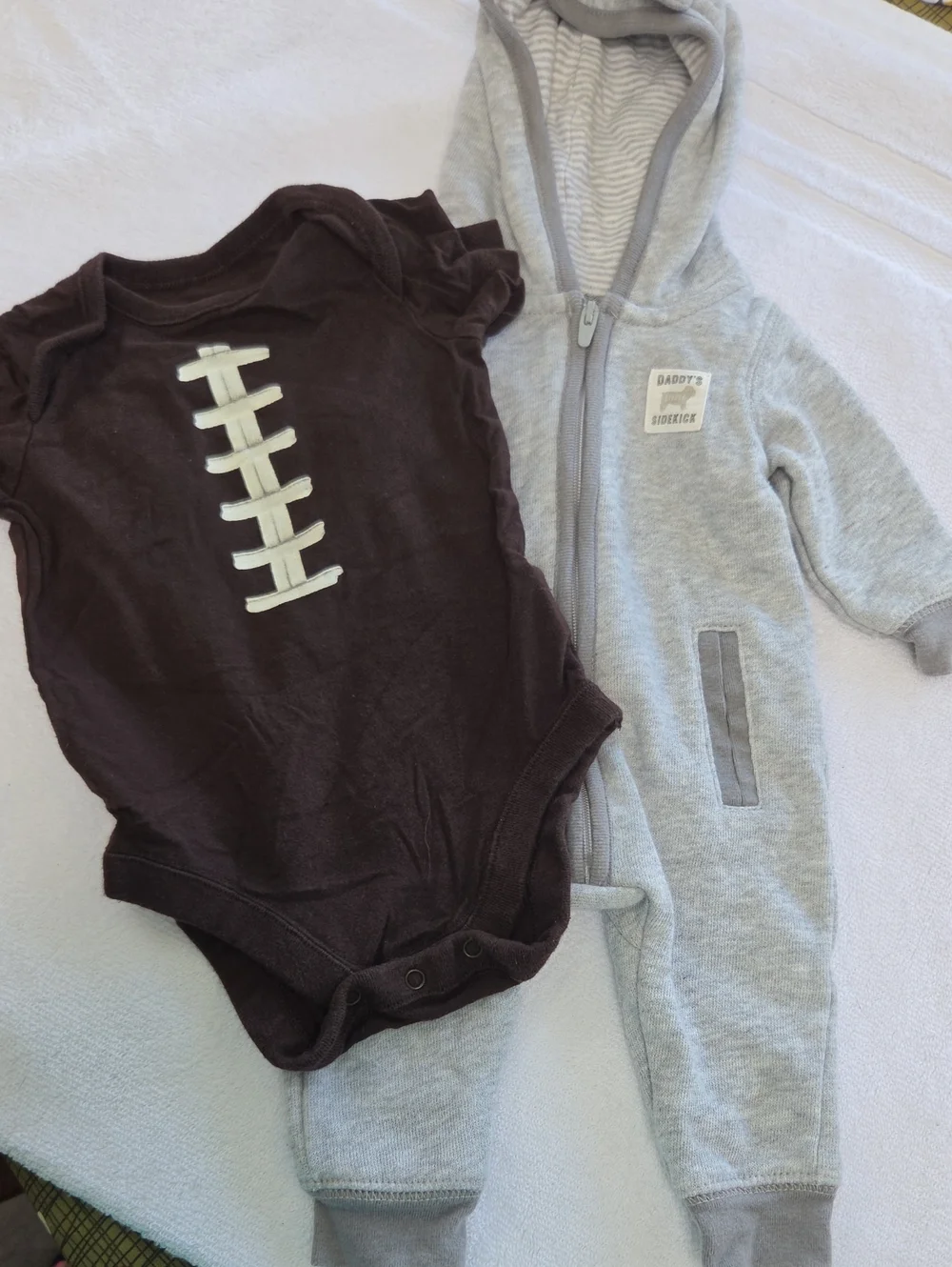 Carter's Gray Hooded Zip One-Piece (NB) and Brown Football Onsie Sz 0-3m